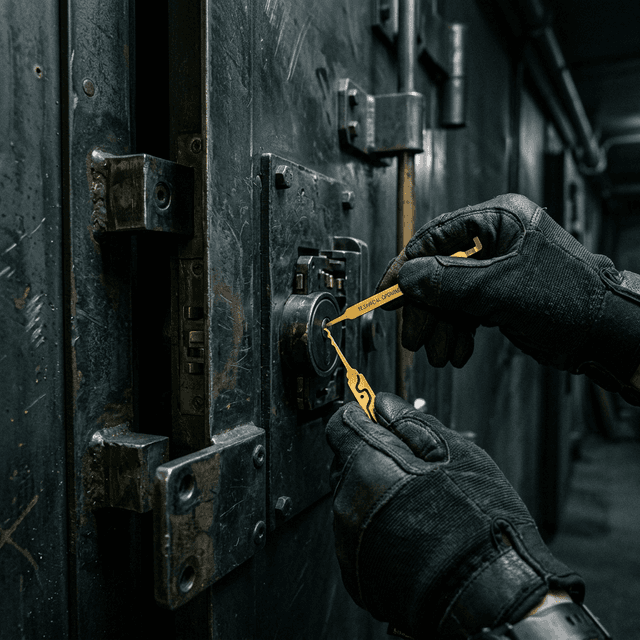 Cerrajero profesional manipulando y abriendo una puerta acorazada en un domicilio céntrico de Granada