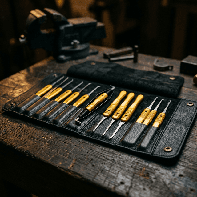 Detalle de herramientas de ganzuado milimetrico industrial en la mano del cerrajero de guardia local