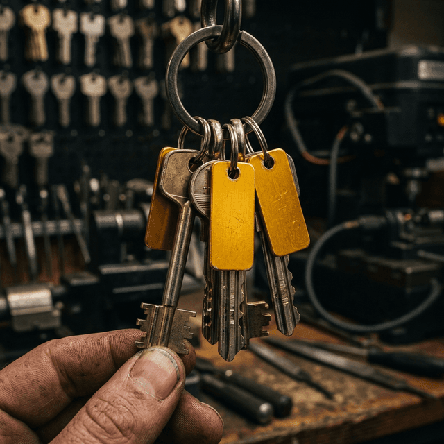 Ilustración visual potente de llaves planas troqueladas agrupadas con maestría representativa de los complejos sistemas y jerarquías domóticas comunitarias en urbanizaciones cerradas