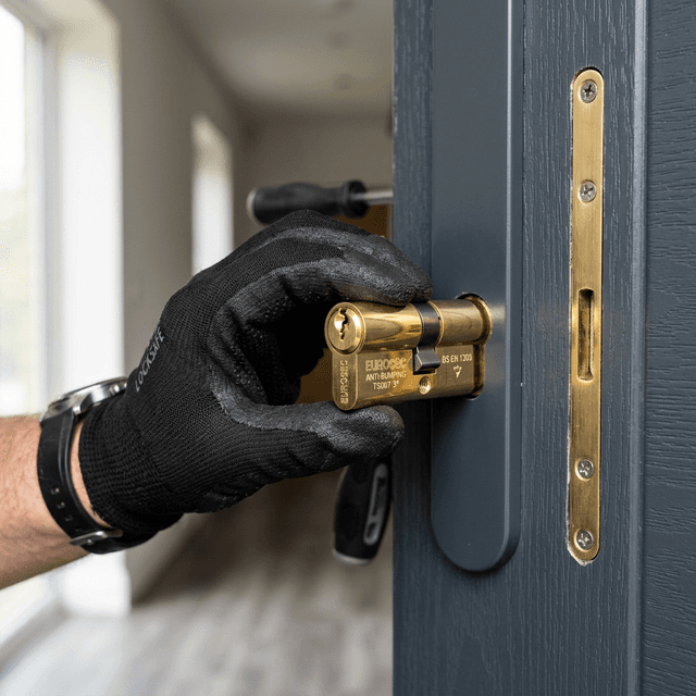 Mano experta y oficial granadino encajando sólidamente un cilindro perfil europeo anti taladro y antimpresion patentado de oro puro latonado