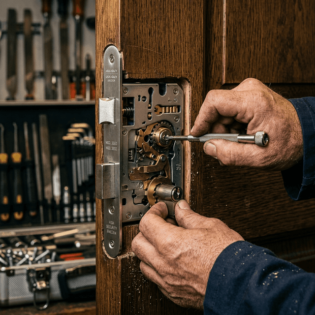 Detalle técnico de la instalación quirúrgica y sustitución de una aparatosa cerradura mecánica de fortísima alta seguridad metálica europea
