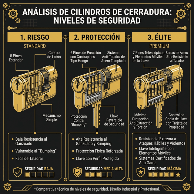 Infografía comparativa de niveles de seguridad: Riesgo, Protección y Élite